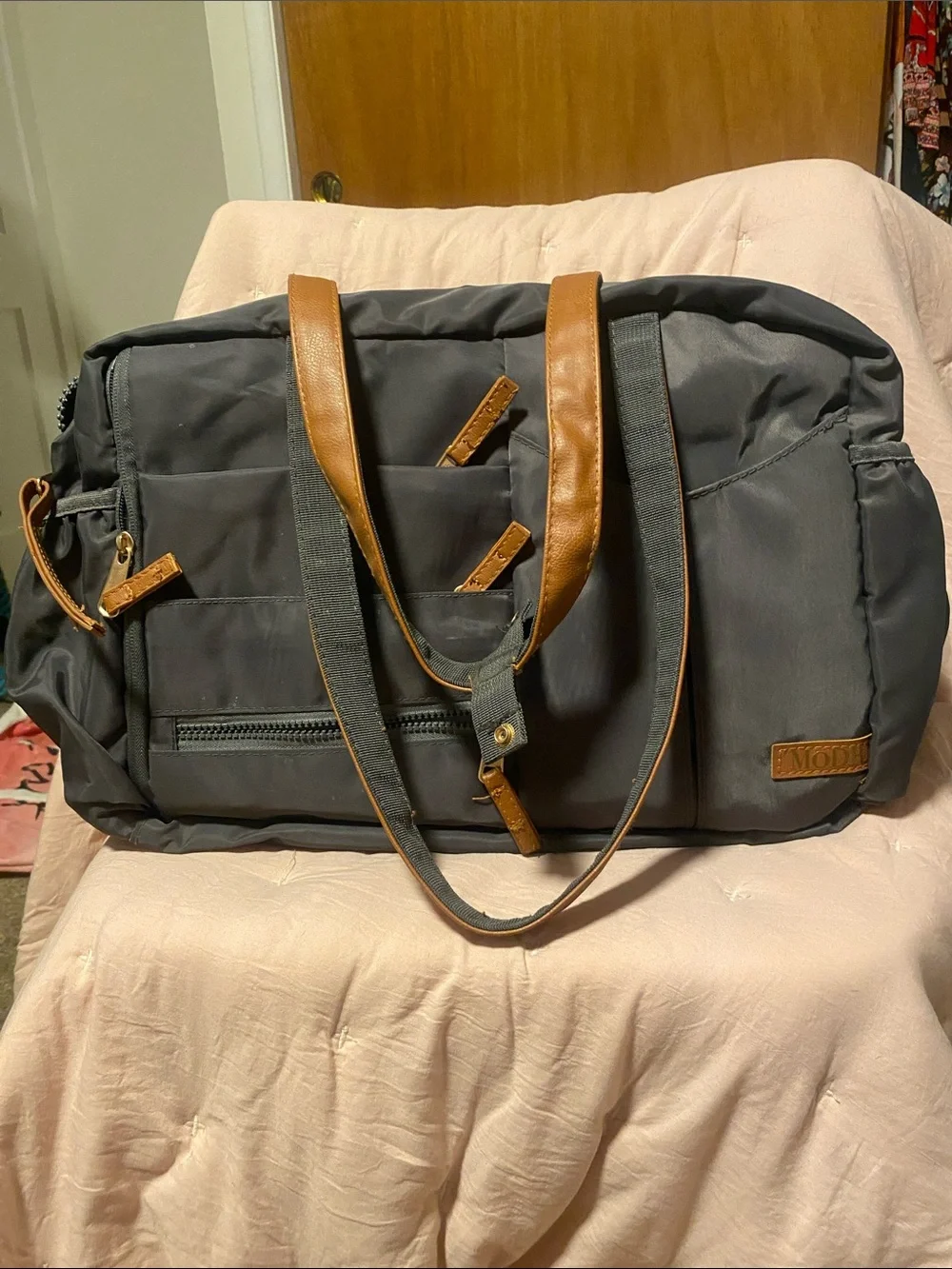 Gray diaper Bag with Brown Trim